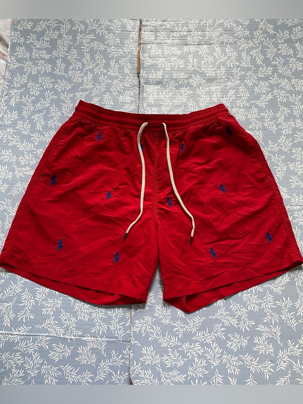 Ralph Lauren Red Swim Trunks with Navy Polo Embroidery